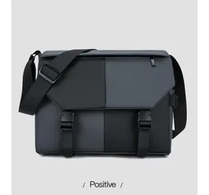 Men's waterproof messenger bag detail view, large capacity casual crossbody Oxford bag.