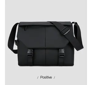 Detail view of the black waterproof oxford cloth men messenger shoulder bag, front flap.