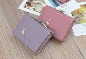 Women short wallet pu leather folding purse compact card holder cute deer decor pink and purple