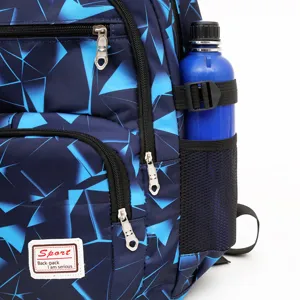 Blauer geometrischer Rucksack mit Seitenfächern für Flaschen, modische Freizeittasche.