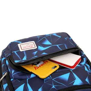 Blauer geometrischer wasserdichter Schulrucksack mit Fronttasche für den täglichen Gebrauch.