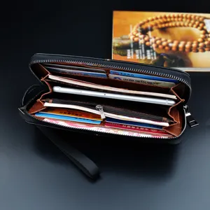 Portefeuille long zippé pour homme pochette business décontractée grand sac en cuir