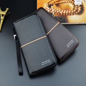 Portefeuille long homme en cuir avec fermeture éclair et dragonne affaires grande capacité.