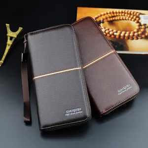 Portefeuille long homme en cuir PU fermeture éclair sac pochette business avec dragonne.