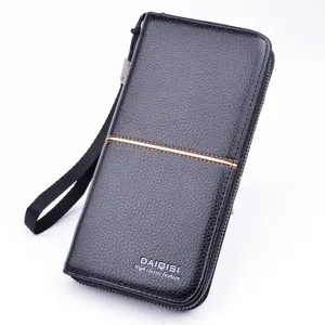 Portefeuille Long Noir en Cuir PU Homme Pochette Zippée avec Dragonne et Surpiqûre