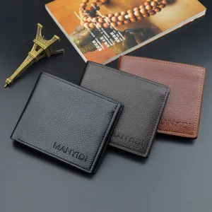 Men's short leather wallet business casual vintage soft litchi grain card holder.