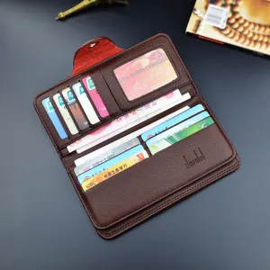 Herren lang Leder Geldbeutel mit Kartenfächer Druckknopf vintage braun Portemonnaie