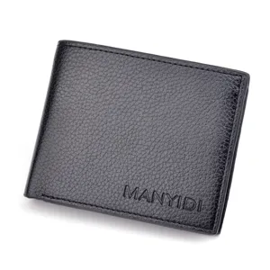 Men's black wallet short leather trifold business casual purse with lychee pattern.