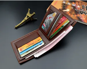 Close-up detail of the brown leather men short wallet with multiple card slots and cash compartments.