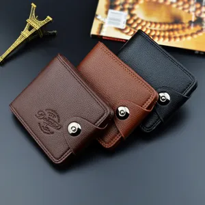 Portefeuille court homme cuir grain litchi porte-monnaie boucle aimantée porte-cartes mode.