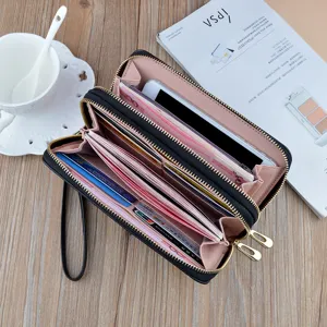 Women long double zipper wallet black PU leather clutch large capacity phone bag card holder
