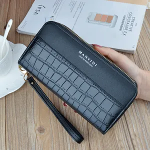 Black crocodile pattern long wallet dual zipper clutch purse with wrist strap for women