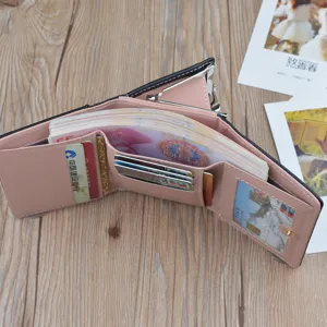 Women short wallet pink PU leather card holder fashion zipper coin purse capacity