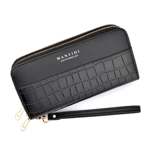 Black crocodile pattern long women's wallet with double zipper and wrist strap main image