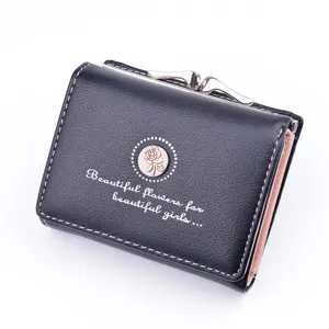 Women short folding wallet soft PU leather coin purse with metal clasp and stylish rose print