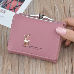Fashion PU Leather Short Wallet For Women Small Deer Decor Kiss-lock Foldable Multi Card Slot Coin Purse Lady Student Wallet