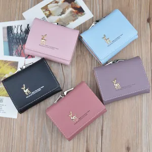 Women short PU leather wallet with cute deer metal decor, multi-color folding coin purse.