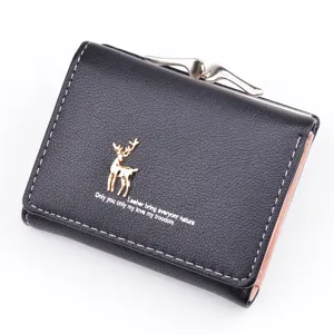 Stylish women short wallet with cute deer decor, soft leather folding purse for daily use.