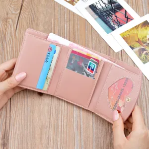 Women pink short trifold wallet PU leather card holder compact mini purse for daily use