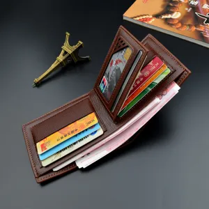 Men's short brown leather wallet with multi-card slots and coin pocket for daily use.
