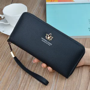 Women Long Wallet Fashion Large Capacity Litchi Pattern PU Leather Zipper Clutch Phone Bag With Rhinestone Leaf Decor