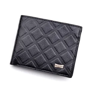 Men's short leather wallet with stylish diamond lattice pattern and multi-card slots.