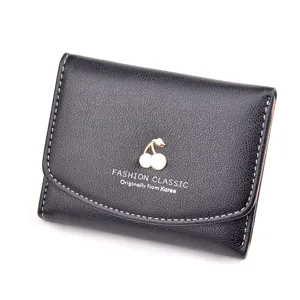 Black short leather wallet for women with cute cherry charm and card slots fashion design