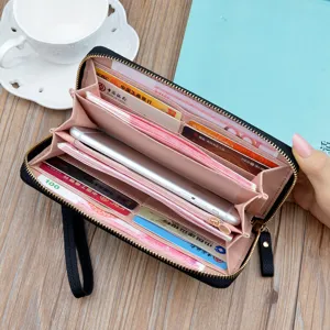 Women long wallet black zipper PU leather purse large capacity card holder phone bag fashion