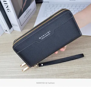 Women long double zipper wallet PU leather clutch large capacity purse with wrist strap