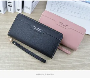 Women long double zipper wallet PU leather clutch bag large capacity wrist strap purse