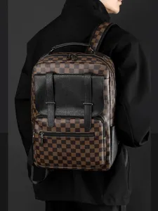 Mochila de negocios para hombre de piel PU con patron de cuadros clasico gran bolsa