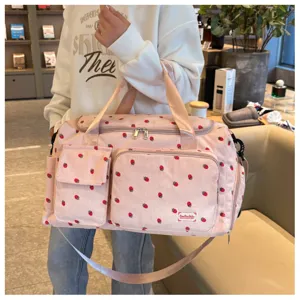 Cute strawberry print corduroy travel bag large capacity shoulder duffle bag for gym