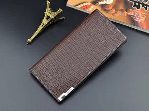 Men's long wallet brown crocodile pattern soft leather card holder business purse accessory