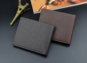 Men's short bifold wallet with vintage crocodile pattern texture, compact leather purse.