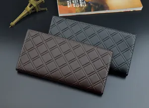 Detailed view of men's long leather wallet with elegant diamond lattice pattern and card slots.