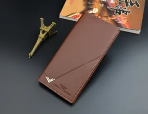 Men's brown long PU leather wallet with multiple card slots and slim design for business.
