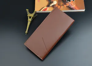 Men's long brown leather wallet with card slots, slim business casual design for daily use.