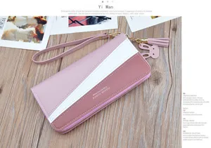 Women long wallet zipper wristlet purse colorblock clutch bag with cute tassel charm