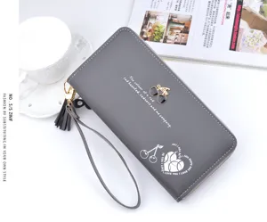 Damen lange PU Leder Brieftasche mit Quasten Reißverschluss Münzfach und Kirsch Anhänger.