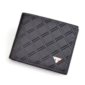 Men's black short wallet with stylish grid pattern, multiple card slots and soft leather material.