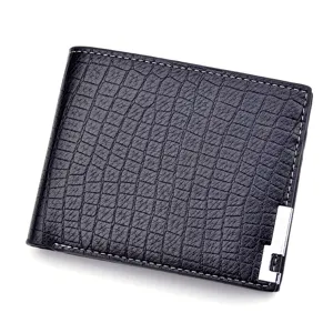 Men's short black crocodile pattern wallet with stylish silver metal corner badge and soft leather.