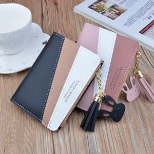 Women short color block wallet fashion zipper coin purse with tassel and rabbit pendant