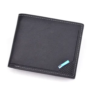Klassische schwarze Herren Kurzgeldbörse mit weißer Naht und kompaktem Kartenfächerdesign für Alltag.