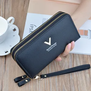 Women Long Wallet Double Zipper Clutch Bag Fashion Minimalist Litchi Pattern Large Capacity Leather Purse Clutch Wristlet Phone Bag