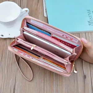 Pink long zipper leather women wallet clutch with large capacity and multiple card slots