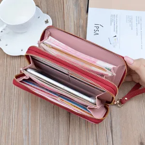 Femmes double fermeture éclair long portefeuille grande capacité pochette bourse avec fentes de cartes