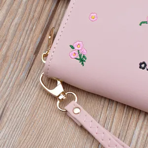 Pink women long wallet floral embroidered PU leather clutch purse with wrist strap