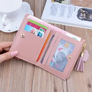 Women pink short wallet PU leather coin purse card holder with tassel fashion daily use