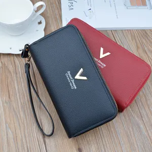 Long women's wallet double zipper clutch bag litchi pattern PU leather phone purse.