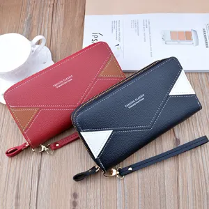 Femme long portefeuille double fermeture eclair en cuir PU colorblock pochette grand style.